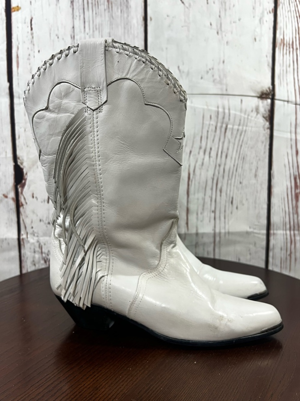 Acme White Fringe Leather Cowboy Boots women’s 9
